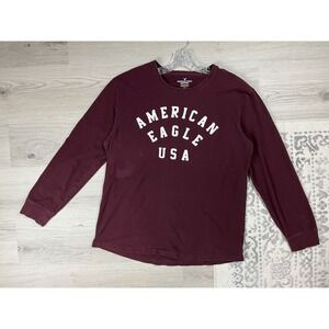American Eagle Long Sleeve TShirt Tee Mens Large Burgundy Red Spellout Preppy